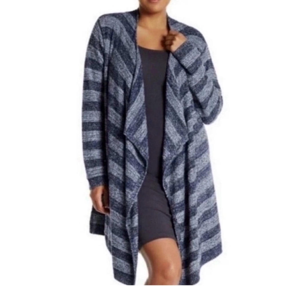 Barefoot Dreams Bamboo ChicLite Blue Stripe Calypso Wrap Sweater- L/XL - EUC